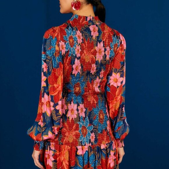 FARM RIO Floral Red Multi Mixed Flower Prints Smocked Mini Dress XS $221 - Picture 11 of 14